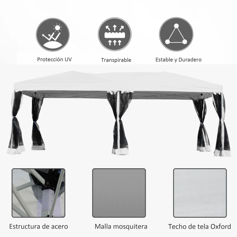 Outsunny Carpa Plegable 6x3 m Cenador para Jardín Gazebo con 6 Cortinas Mosquitera y Cremallera Bolsa de Transporte Impermeable para Exterior Blanco