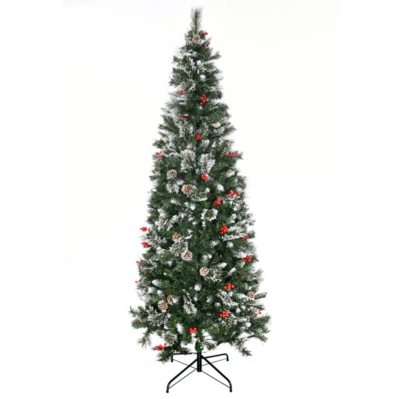 HOMCOM 7 Ft Snow Dipped Artificial Christmas Tree Slim Pencil Xmas Tree with Realistic Branches, Pine Cones, Red Berries, Auto Open, Green