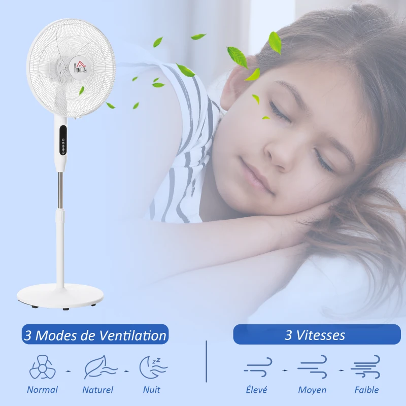 HOMCOM Ventilateur sur pied Ø 42 cm hauteur réglable oscillant silencieux 50 W avec télécommande minuterie 3 modes 3 vitesses blanc