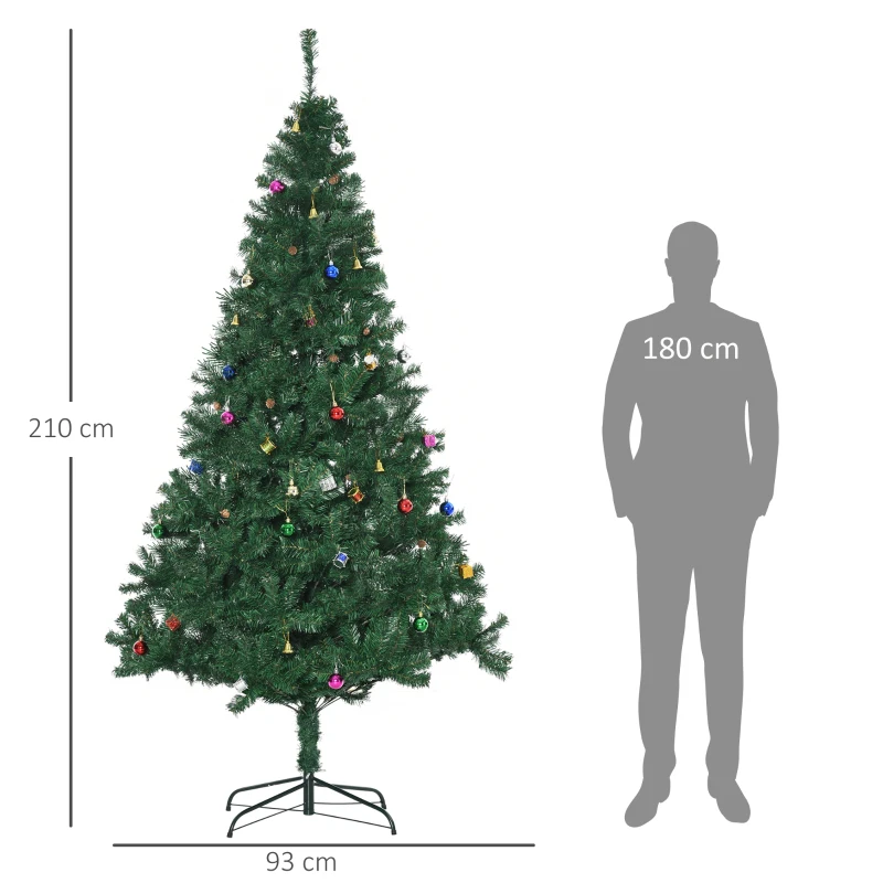 HOMCOM Árvore de Natal Artificial 210cm Ignífugo com 1036 Ramos 53 Decorações Folhas de PVC e Suporte Metálico Verde