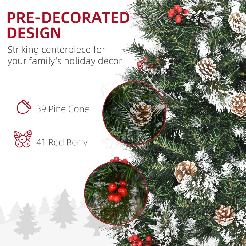 HOMCOM 7 Ft Snow Dipped Artificial Christmas Tree Slim Pencil Xmas Tree with Realistic Branches, Pine Cones, Red Berries, Auto Open, Green