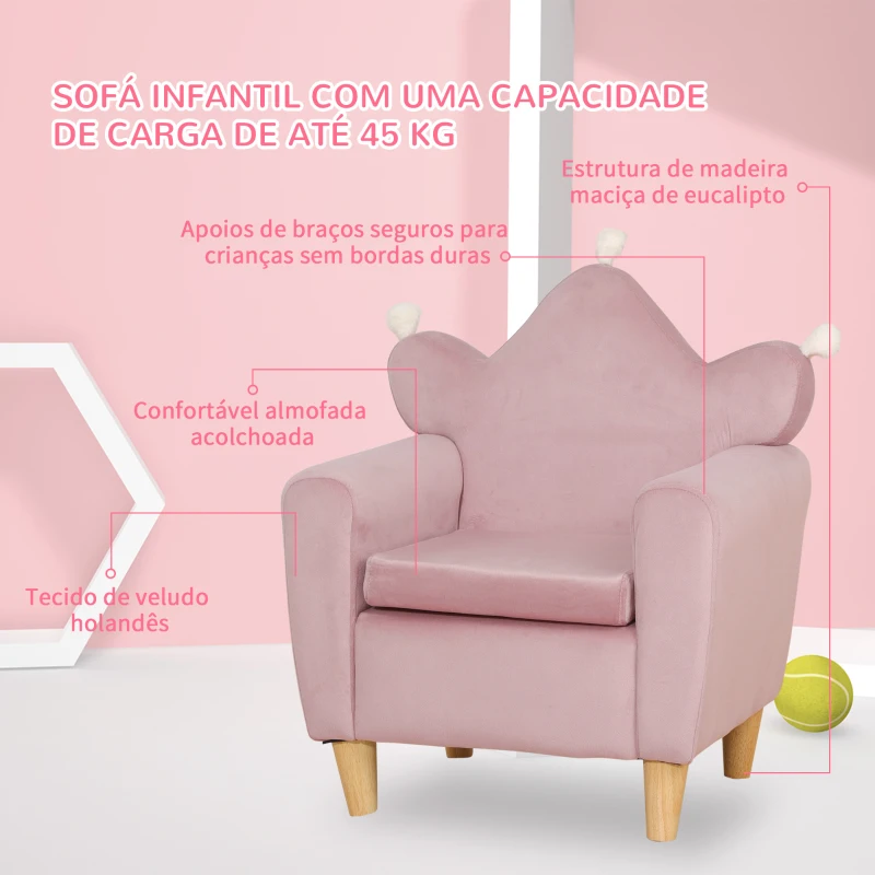 HOMCOM Poltrona Infantil Mini Sofá para Crianças Acima de 3 Anos com Assento Acolchoado Apoio para os Braços 45kg 50x42x58cm Rosa