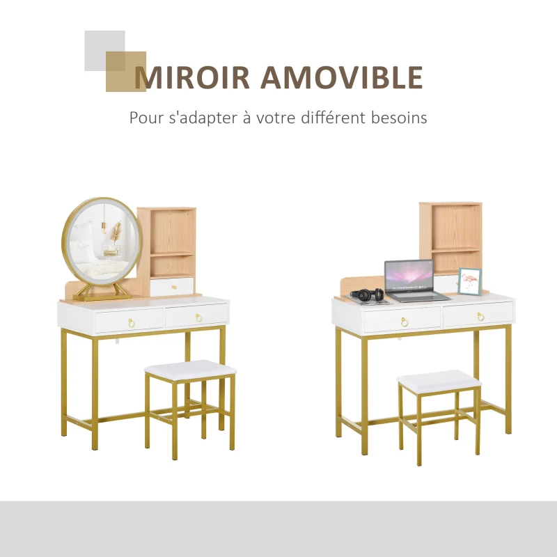 HOMCOM Coiffeuse avec Tabouret Miroir LED intégré - avec rangement 3 tiroirs, 2 niches pieds en métal doré