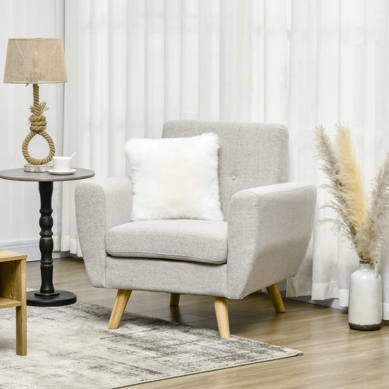 HOMCOM Fauteuil de salon Relax Style scandinave Dossier capitonné en Tissu 85 x 76,5 x 86 cm - Gris Clair et Pieds en Bois