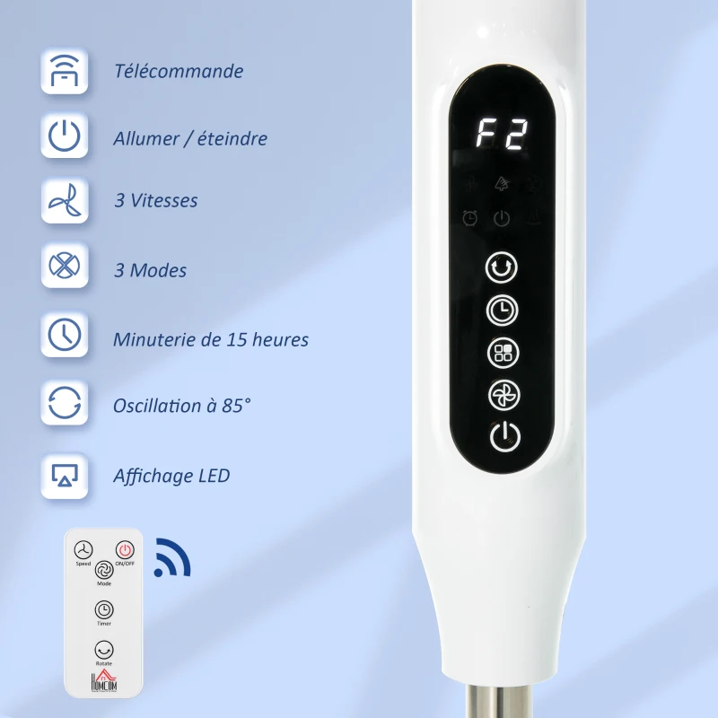 HOMCOM Ventilateur sur pied Ø 42 cm hauteur réglable oscillant silencieux 50 W avec télécommande minuterie 3 modes 3 vitesses blanc