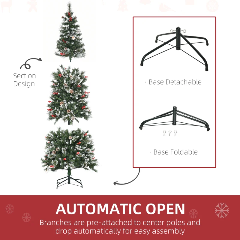 HOMCOM 7 Ft Snow Dipped Artificial Christmas Tree Slim Pencil Xmas Tree with Realistic Branches, Pine Cones, Red Berries, Auto Open, Green