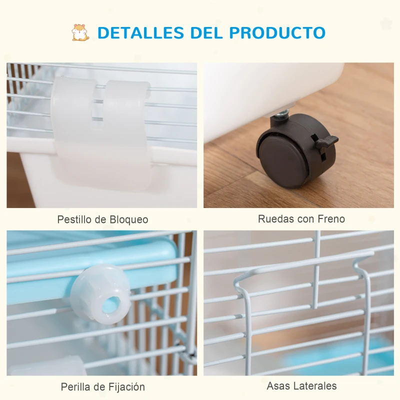 PawHut Jaula para Hámster Chalé para Roedores Pequeños con Casa Especial Comedero Bebedero Escaleras Rueda de Ejercicio Asas y Ruedas con Freno 60x35x47 cm Blanco