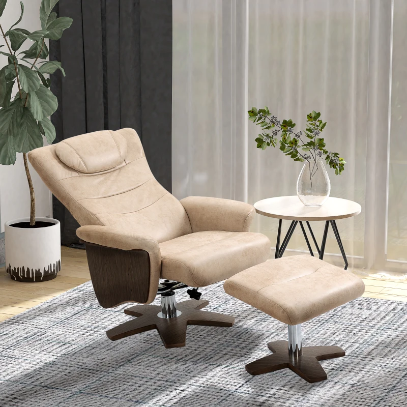 HOMCOM Poltrona Relax com Apoio para os Pés Poltrona Reclinável até 135° e Giratória 360° com Encosto Ajustável 78x83x103cm Bege