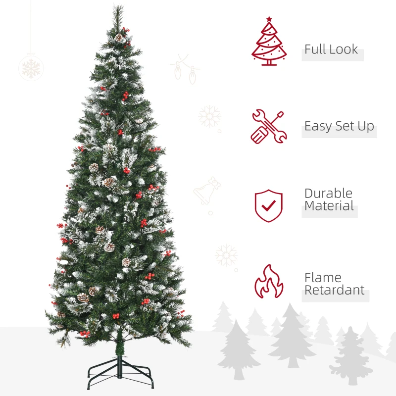 HOMCOM 7 Ft Snow Dipped Artificial Christmas Tree Slim Pencil Xmas Tree with Realistic Branches, Pine Cones, Red Berries, Auto Open, Green