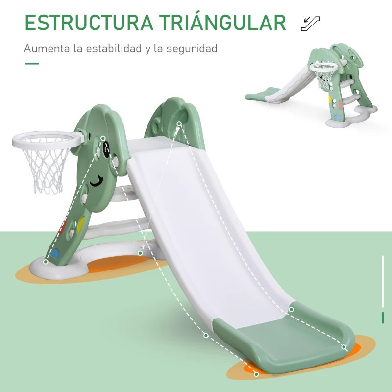 HOMCOM Tobogán Infantil con Canasta de Baloncesto para Niños de 18-48 Meses Juguete Interior y Exterior Carga 25 kg Accesorios Incluidos 68x146x68 cm Verde