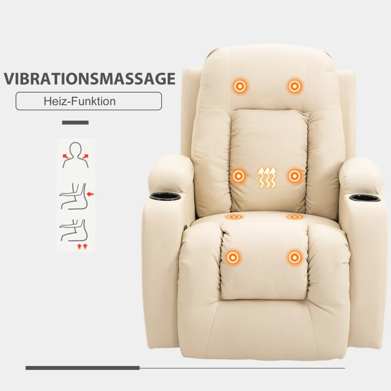 HOMCOM Massagesessel Fernsehsessel Relaxsessel mit Wärmefunktion TV Sessel mit Liegefunktion, Ruhesessel mit Fernbedienung, Becherhalter, Cremeweiß 85 x 94 x 104 cm