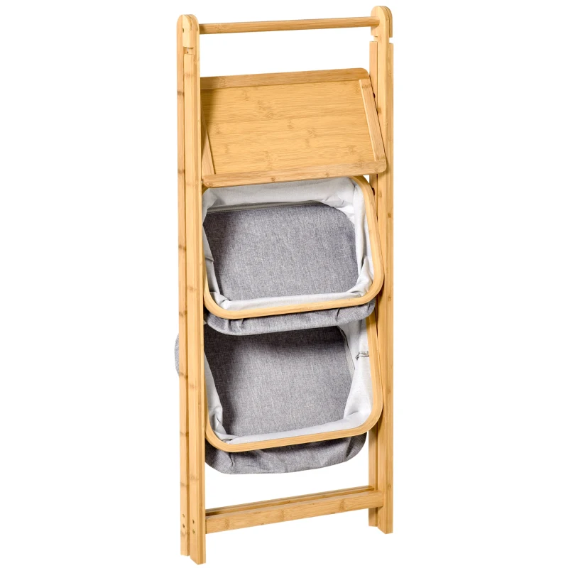 HOMCOM Raft Pliant cu 3 Console din Bambus cu 2 Sertare din Tesatura