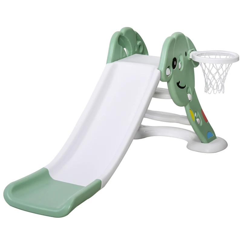 HOMCOM Tobogán Infantil con Canasta de Baloncesto para Niños de 18-48 Meses Juguete Interior y Exterior Carga 25 kg Accesorios Incluidos 68x146x68 cm Verde