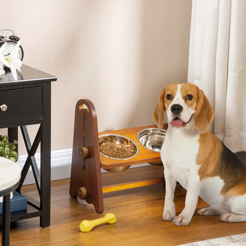 PawHut Comedero Elevado para Perros con 2 Cuencos de 1250 ml y Altura Ajustable de 4 Niveles 49x25x41 cm Marrón
