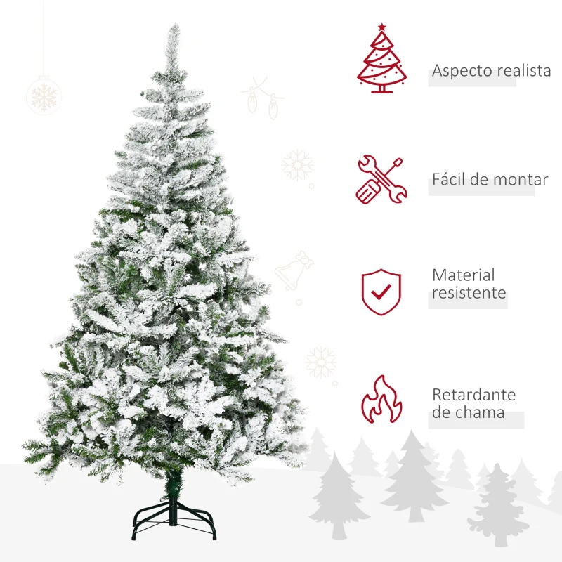 HOMCOM Árvore de Natal Artificial 180cm com Neve Ignífugo com 750 Ramos Folhas de PVC Base Dobrável Verde
