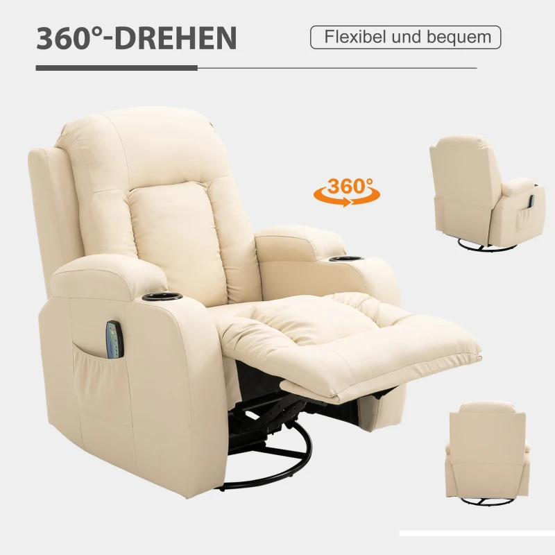 HOMCOM Massagesessel Fernsehsessel Relaxsessel mit Wärmefunktion TV Sessel mit Liegefunktion, Ruhesessel mit Fernbedienung, Becherhalter, Cremeweiß 85 x 94 x 104 cm