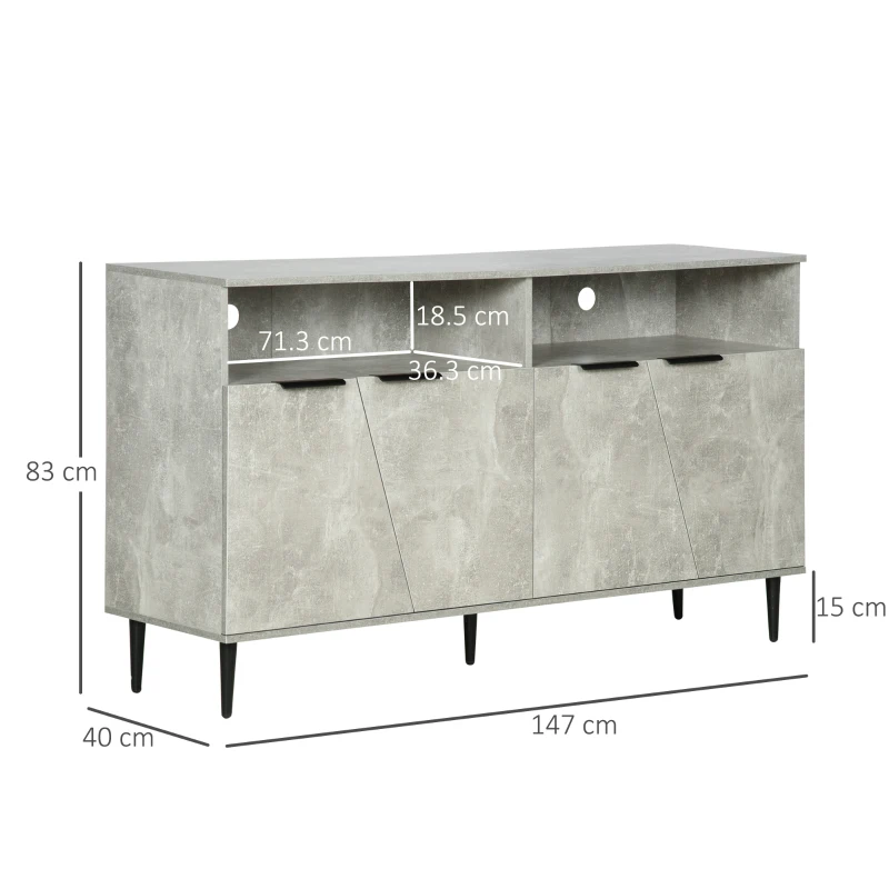 HOMCOM Credenza Moderna con Armadietti a 2 Ante e Mensole Regolabili 147x40x83cm, Effetto Marmo Grigio