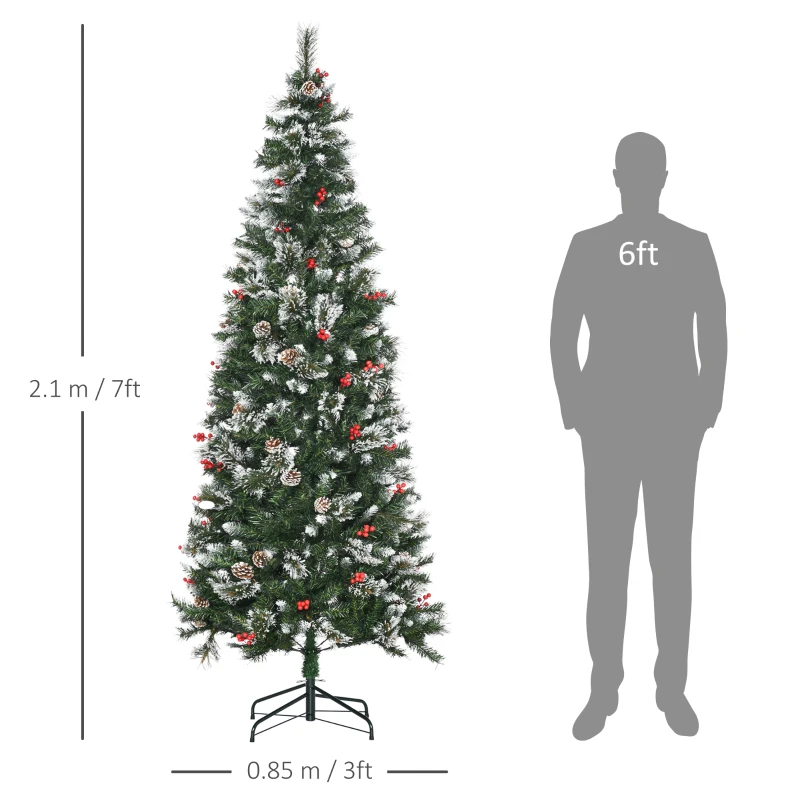 HOMCOM 7 Ft Snow Dipped Artificial Christmas Tree Slim Pencil Xmas Tree with Realistic Branches, Pine Cones, Red Berries, Auto Open, Green