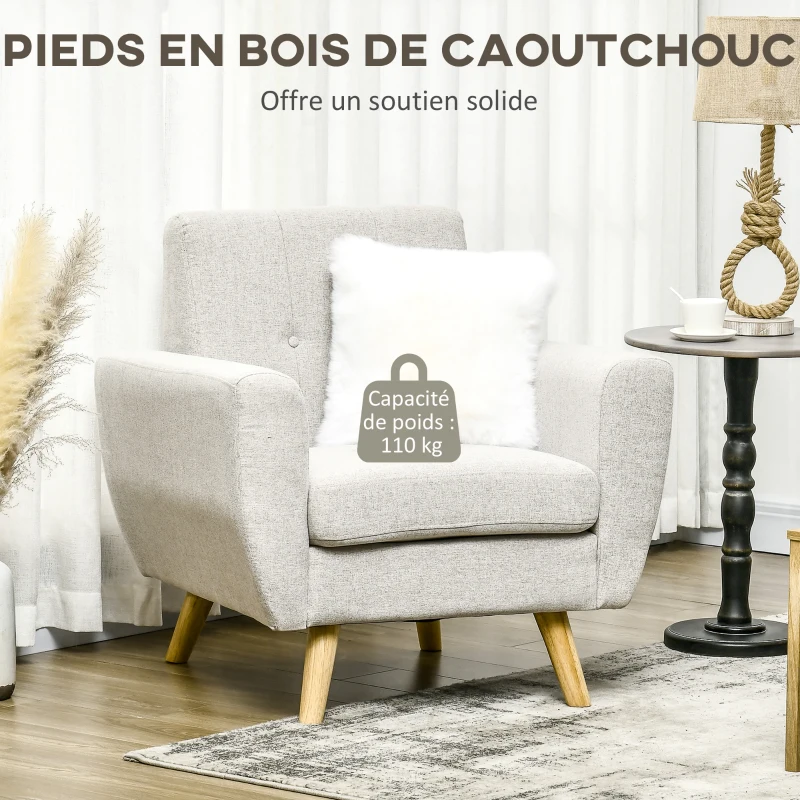 HOMCOM Fauteuil de salon Relax Style scandinave Dossier capitonné en Tissu 85 x 76,5 x 86 cm - Gris Clair et Pieds en Bois