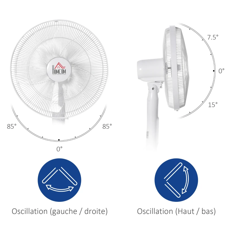 HOMCOM Ventilateur sur pied Ø 42 cm hauteur réglable oscillant silencieux 50 W avec télécommande minuterie 3 modes 3 vitesses blanc