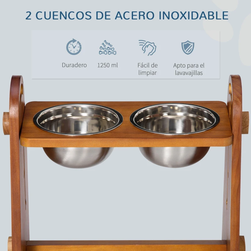 PawHut Comedero Elevado para Perros con 2 Cuencos de 1250 ml y Altura Ajustable de 4 Niveles 49x25x41 cm Marrón