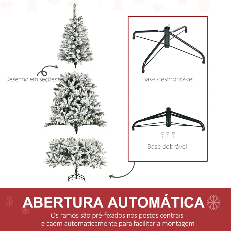 HOMCOM Árvore de Natal Artificial 225 cm com Neve Ignífugo com 1300 Ramos Folhas de PVC Base Dobrável Verde