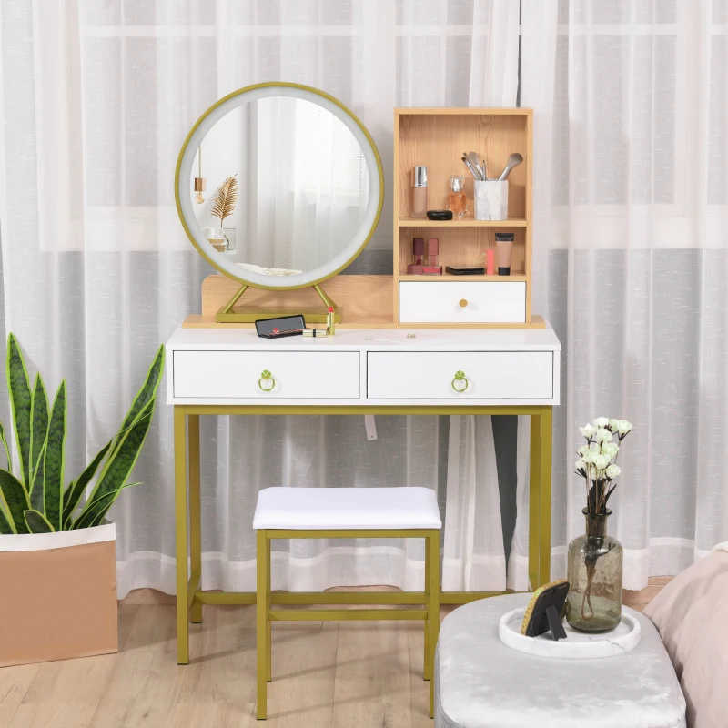 HOMCOM Coiffeuse avec Tabouret Miroir LED intégré - avec rangement 3 tiroirs, 2 niches pieds en métal doré
