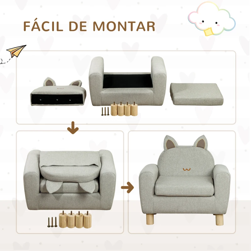 HOMCOM Poltrona Infantil Mini Sofá para Crianças acima de 3 Anos com Assento Acolchoado Apoio para os Braços 60x42x50cm Cinza