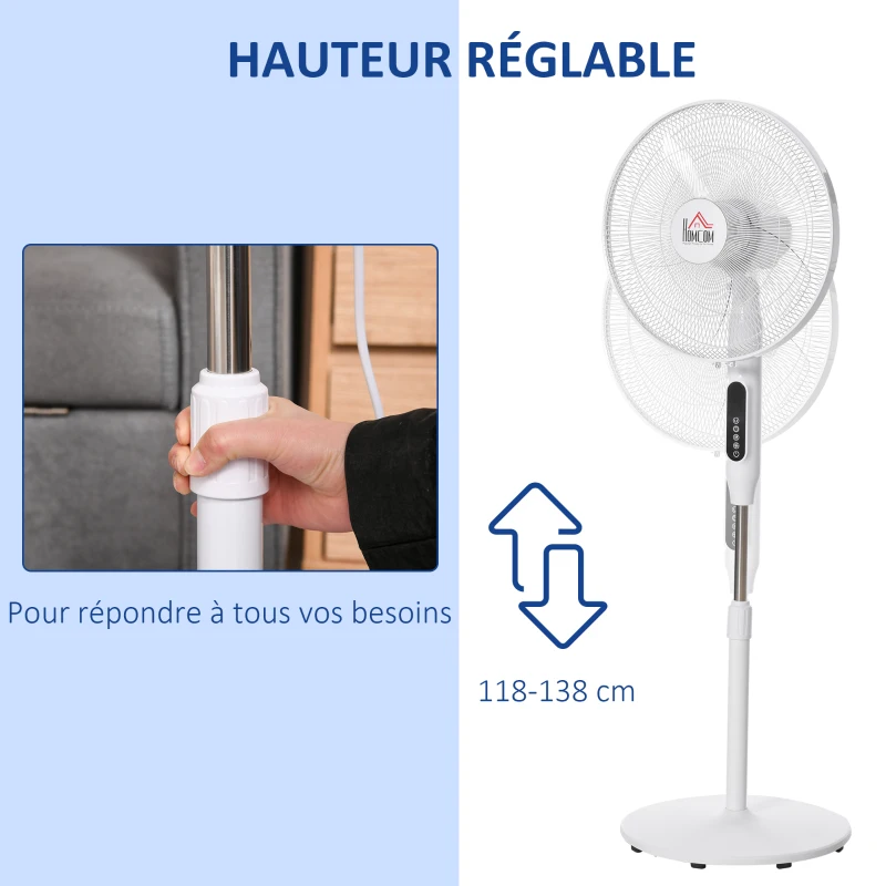 HOMCOM Ventilateur sur pied Ø 42 cm hauteur réglable oscillant silencieux 50 W avec télécommande minuterie 3 modes 3 vitesses blanc