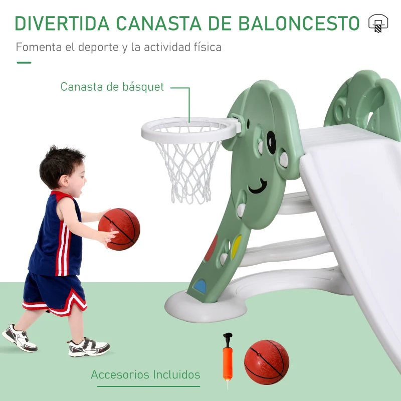 HOMCOM Tobogán Infantil con Canasta de Baloncesto para Niños de 18-48 Meses Juguete Interior y Exterior Carga 25 kg Accesorios Incluidos 68x146x68 cm Verde