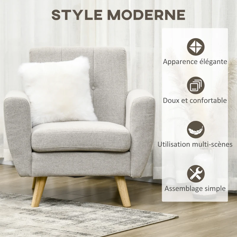 HOMCOM Fauteuil de salon Relax Style scandinave Dossier capitonné en Tissu 85 x 76,5 x 86 cm - Gris Clair et Pieds en Bois