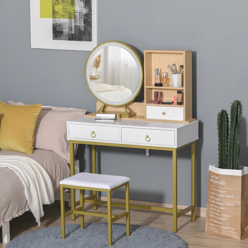 HOMCOM Coiffeuse avec Tabouret Miroir LED intégré - avec rangement 3 tiroirs, 2 niches pieds en métal doré