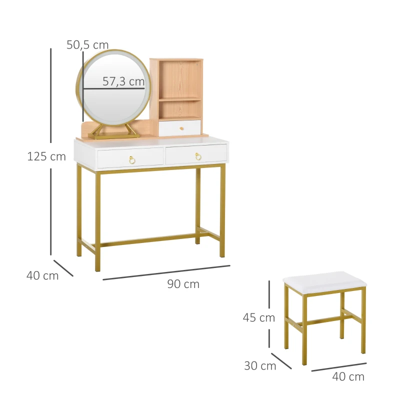 HOMCOM Coiffeuse avec Tabouret Miroir LED intégré - avec rangement 3 tiroirs, 2 niches pieds en métal doré