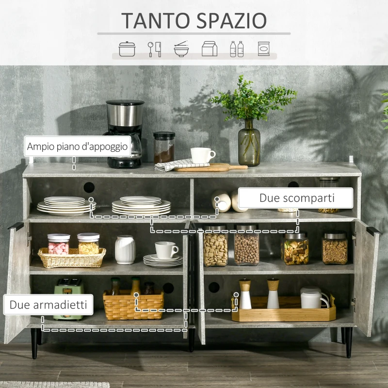 HOMCOM Credenza Moderna con Armadietti a 2 Ante e Mensole Regolabili 147x40x83cm, Effetto Marmo Grigio