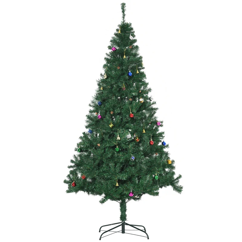 HOMCOM Árvore de Natal Artificial 210cm Ignífugo com 1036 Ramos 53 Decorações Folhas de PVC e Suporte Metálico Verde