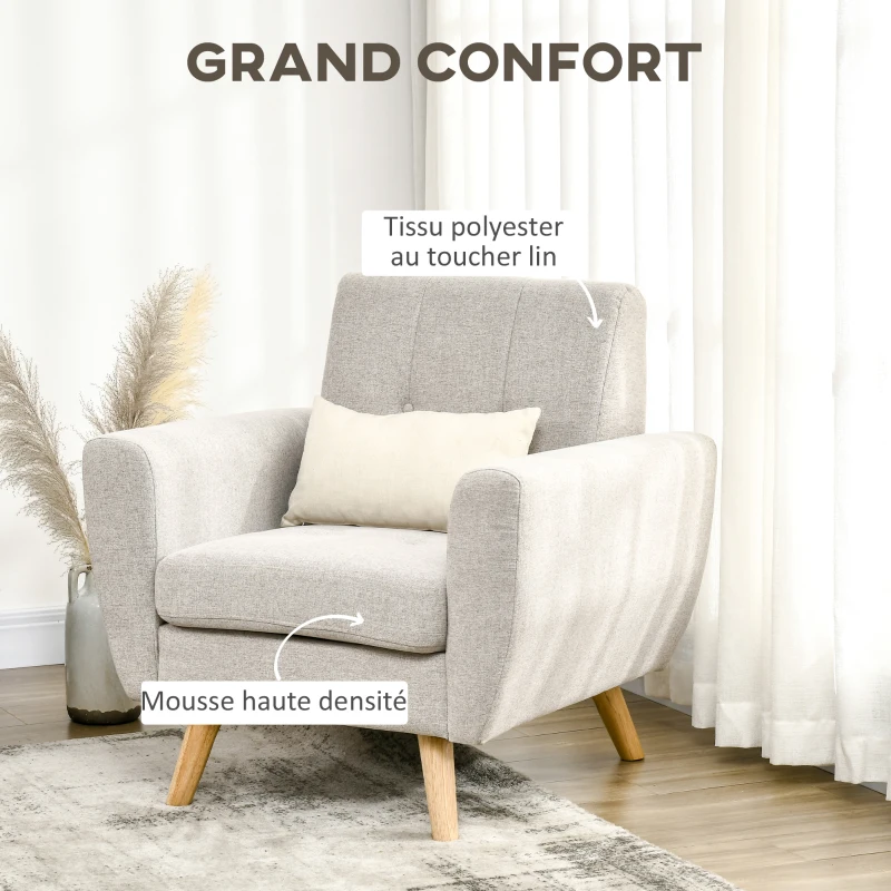 HOMCOM Fauteuil de salon Relax Style scandinave Dossier capitonné en Tissu 85 x 76,5 x 86 cm - Gris Clair et Pieds en Bois
