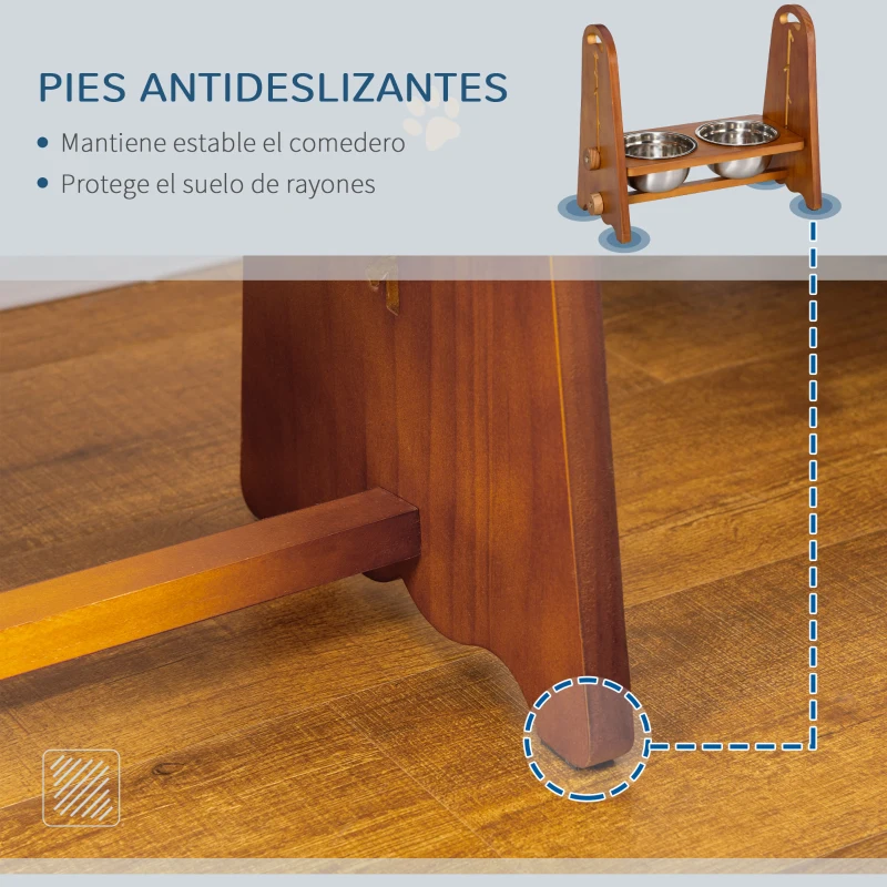 PawHut Comedero Elevado para Perros con 2 Cuencos de 1250 ml y Altura Ajustable de 4 Niveles 49x25x41 cm Marrón