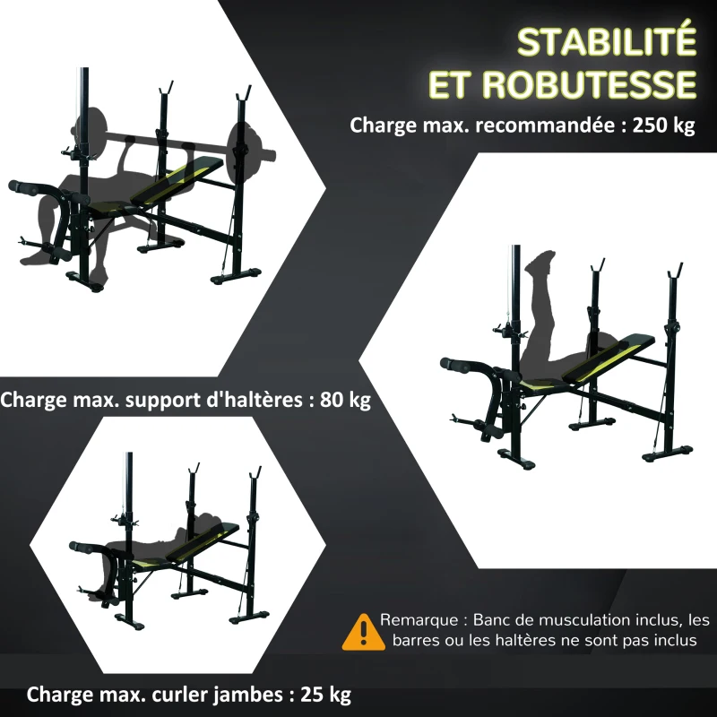 HOMCOM Banc de musculation Fitness entrainement complet dossier réglable cordes traction curler supports barre et haltères noir et jaune