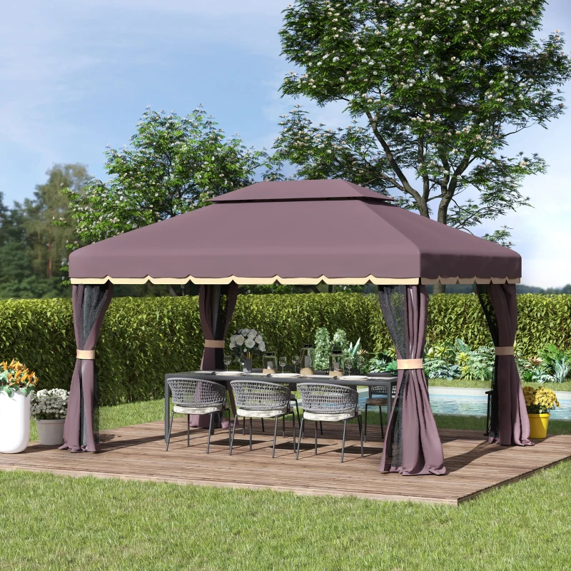 Outsunny 3 x 4m Aluminium Garden Gazebo, Marquee Canopy Shelter Pavilion Party Tent with Nets and Curtains for Garden, Lawn, Backyard and Deck, Coffee