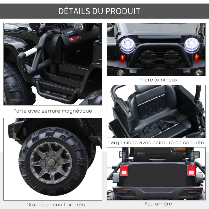 HOMCOM Voiture 4x4 électrique 12 V + télécommande 128L x 78l x 76H cm Enfants 3 à 8 Ans Effets Lumineux sonores Lecteur MP3 Noir