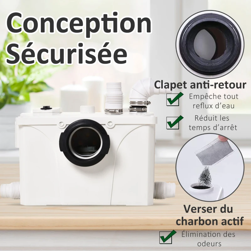 HOMCOM Broyeur sanitaire WC pompe de relevage 600 W silencieux compact 4 colliers serrage + 4 embouts blanc