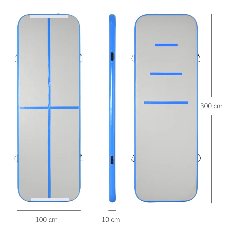 HOMCOM Airtrack tapis de gymnastique gonflable tapis de tumbling entraînement avec pompe à air électrique dim. 300L x 100l x 10H cm tissu stratifié PVC bleu