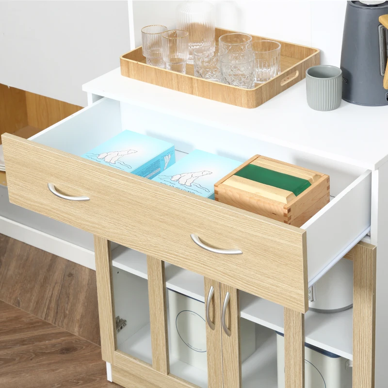 HOMCOM 180cm Kitchen Cabinet, Freestanding Cupboard with Central Drawer, 2 Glass Door Cabinets and Countertop, White