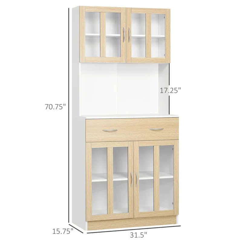 HOMCOM 180cm Kitchen Cabinet, Freestanding Cupboard with Central Drawer, 2 Glass Door Cabinets and Countertop, White