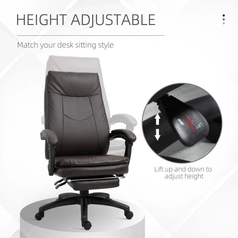 Vinsetto Brown Leather Office Chair, High Back Executive Office chair Reclining with Retractable Footrest Brown