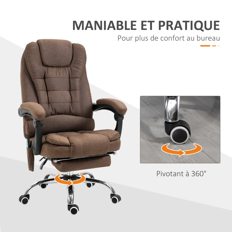 Vinsetto Fauteuil de bureau direction massant chauffant hauteur réglable dossier inclinable toile de lin marron