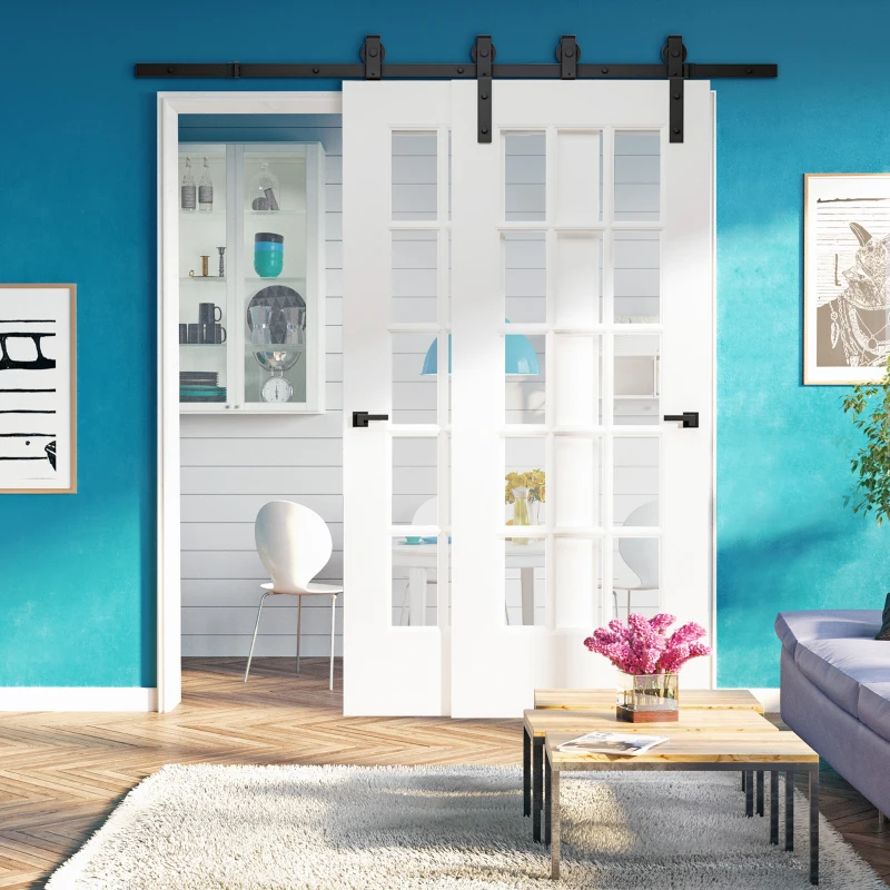 HOMCOM 200CM Carbon Steel Sliding Barn Door Kits Hardware Closet Set Track System for Double Wooden Door Industrial Wheel Style Roller