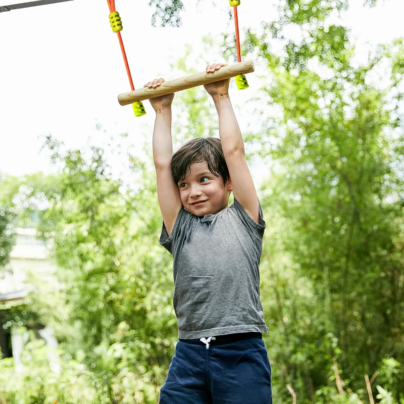 Outsunny Kids Obstacle Course, 42.6 FT Children Slackline Training Equipment, with Monkey Bars, Rope Ladder, Swing, Gym Rings, Tree Protector, Carry Bag