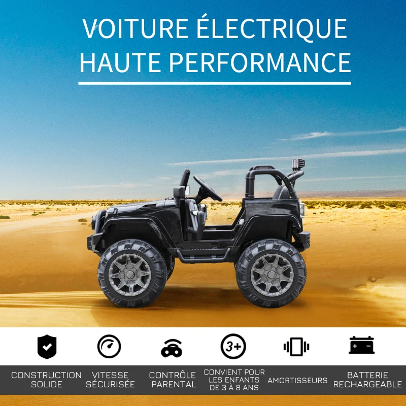 HOMCOM Voiture 4x4 électrique 12 V + télécommande 128L x 78l x 76H cm Enfants 3 à 8 Ans Effets Lumineux sonores Lecteur MP3 Noir
