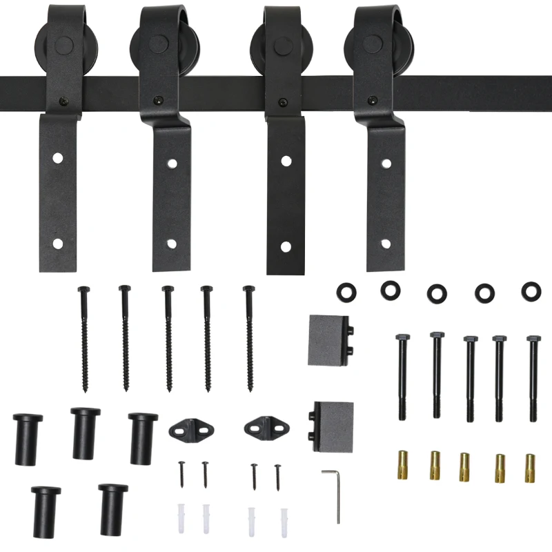 HOMCOM 200CM Carbon Steel Sliding Barn Door Kits Hardware Closet Set Track System for Double Wooden Door Industrial Wheel Style Roller